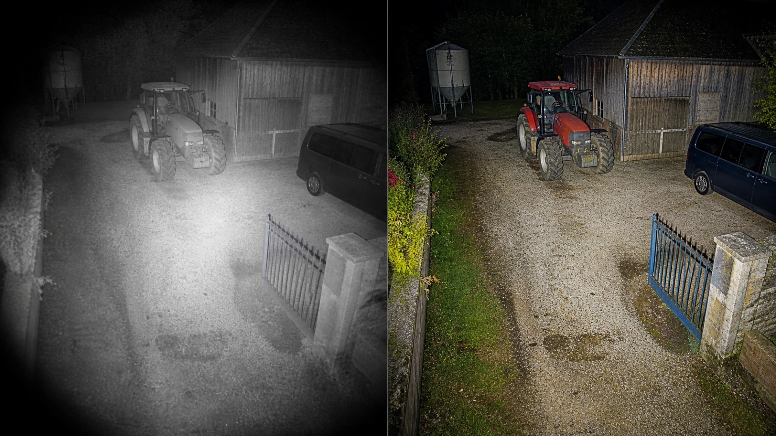Illustration : comparatif d'une même scène de nuit : l'image infrarouge en noir et blanc et l'image en couleur obtenue avec la vision nocturne Dahua WizColor