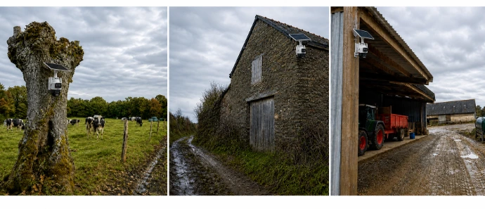 Illustration : caméra à panneau solaire fixée sur un mât en bordure de parcelle, bocage angevin en arrière-plan, en fin de journée