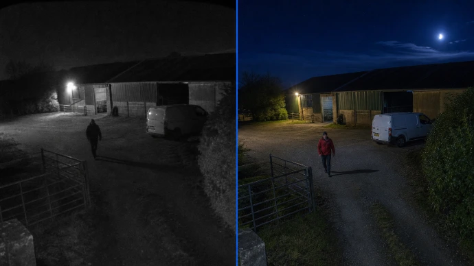 Illustration : comparatif nocturne sur la même allée, l'image d'un kit de grande surface à côté de celle d'une caméra professionnelle à vision nocturne couleur