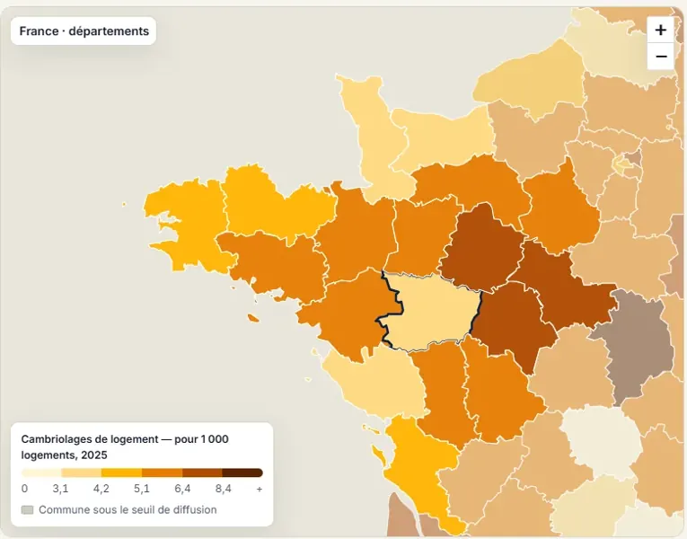 Aperçu réel de la carte du Grand Ouest et de sa légende des cambriolages