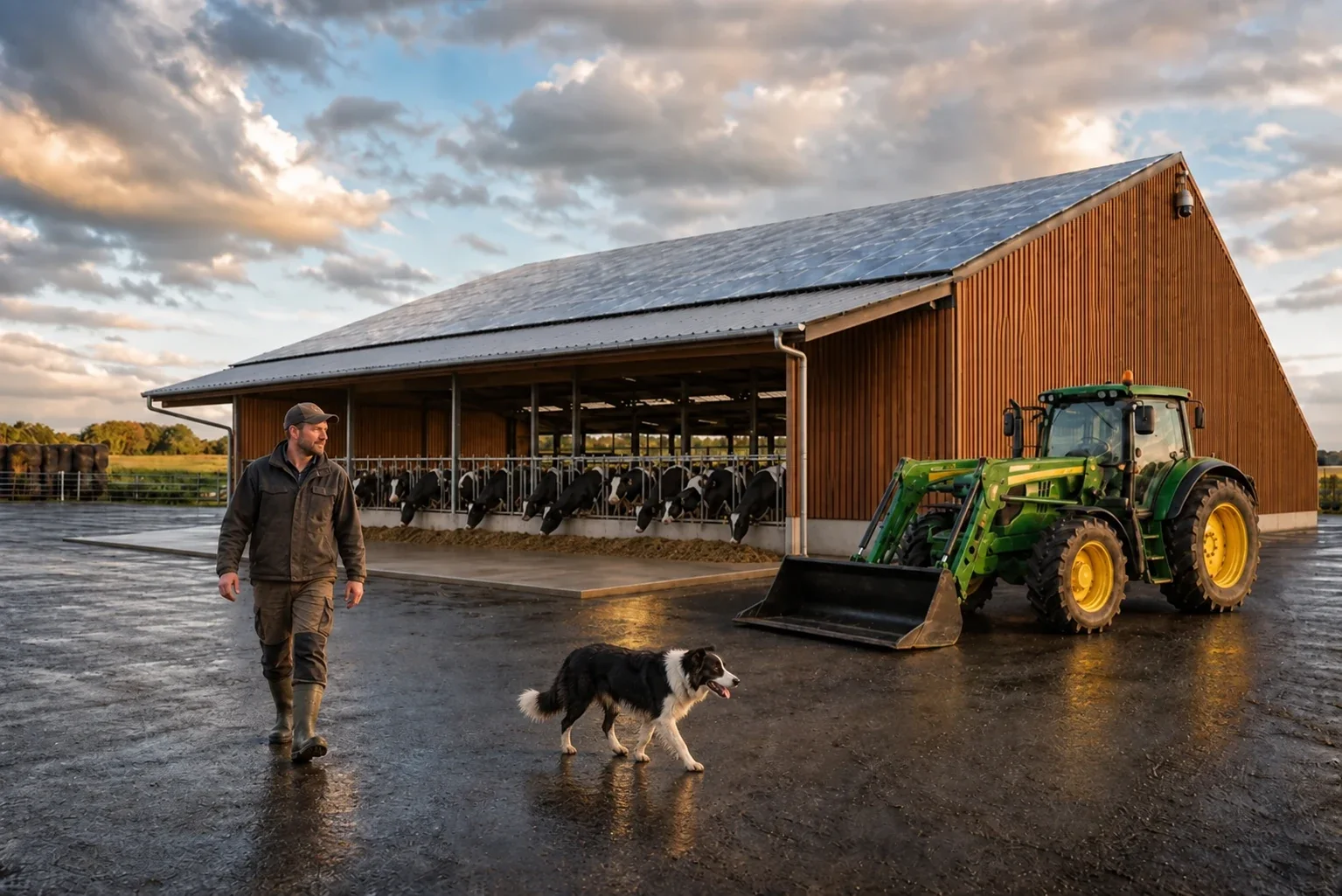 Illustration réaliste d’une cour agricole : une personne marche au premier plan à gauche, un border collie au centre, un tracteur à droite et des bovins dans la stabulation.