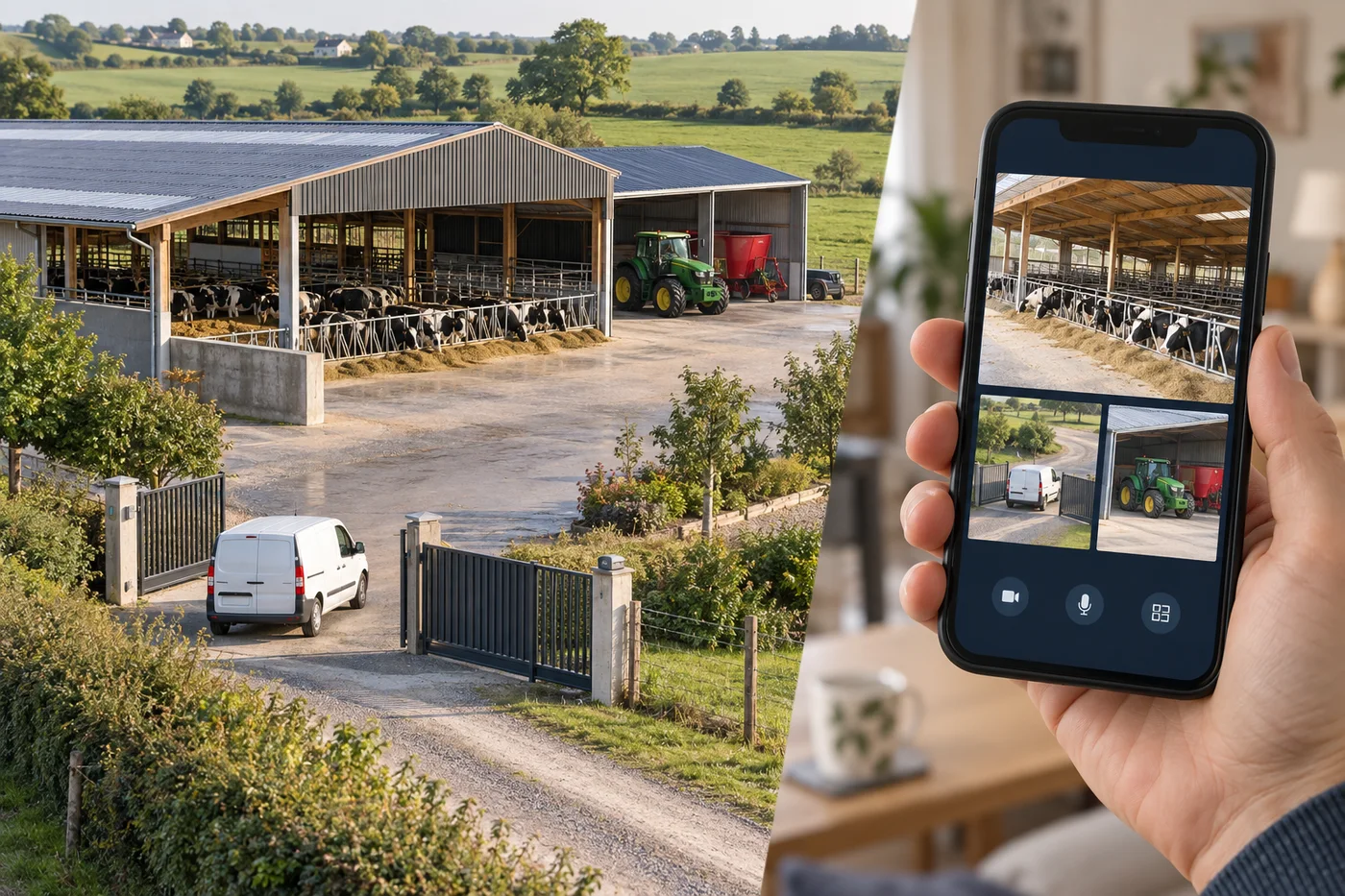 Illustration générée par IA : la cour de la ferme et, à côté, la même cour vue sur un téléphone