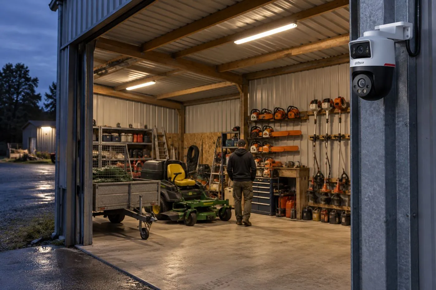 Hangar d’un paysagiste le soir, une personne de dos près des outils