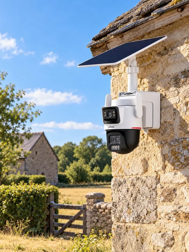 Caméra autonome et panneau solaire sur une gouttière