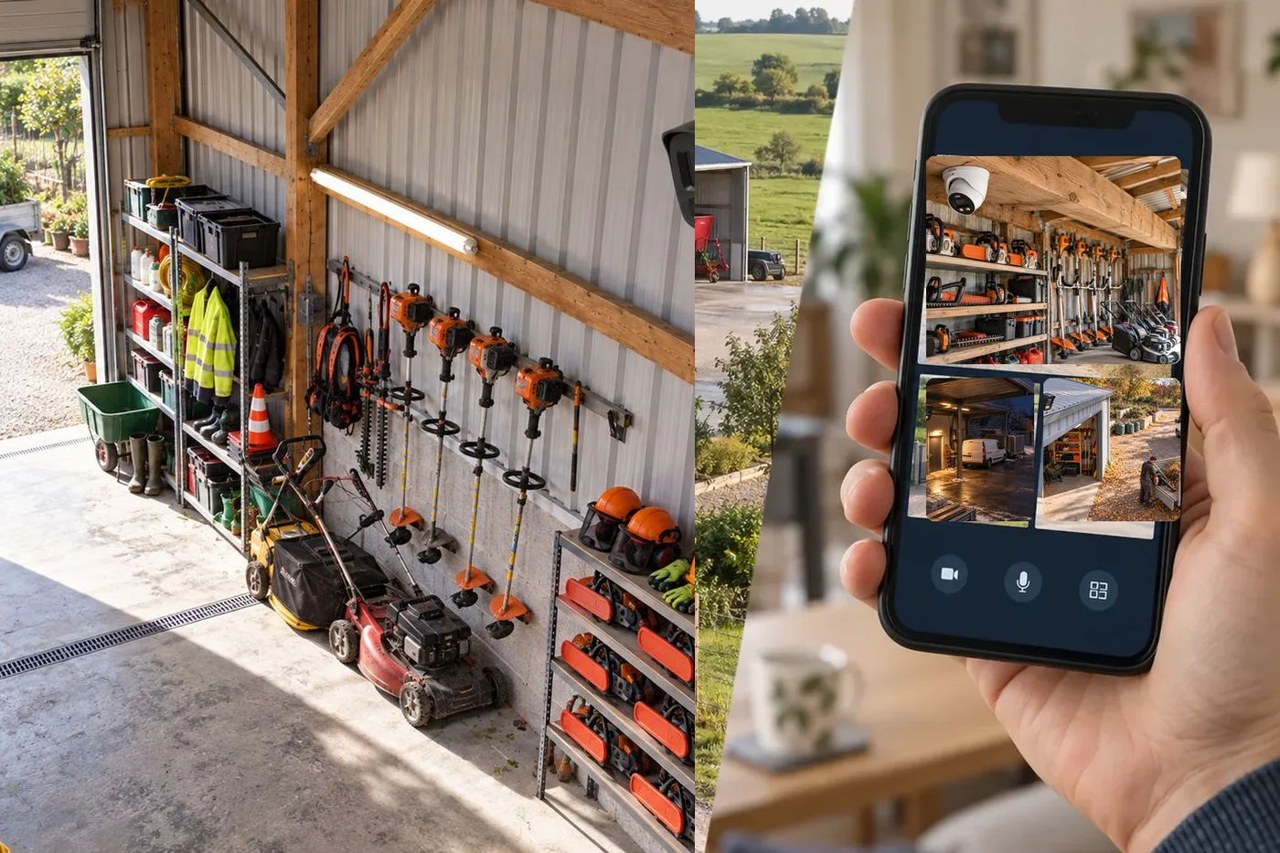 Illustration générée par IA : le hangar d’un paysagiste et, à côté, le dépôt vu sur un téléphone