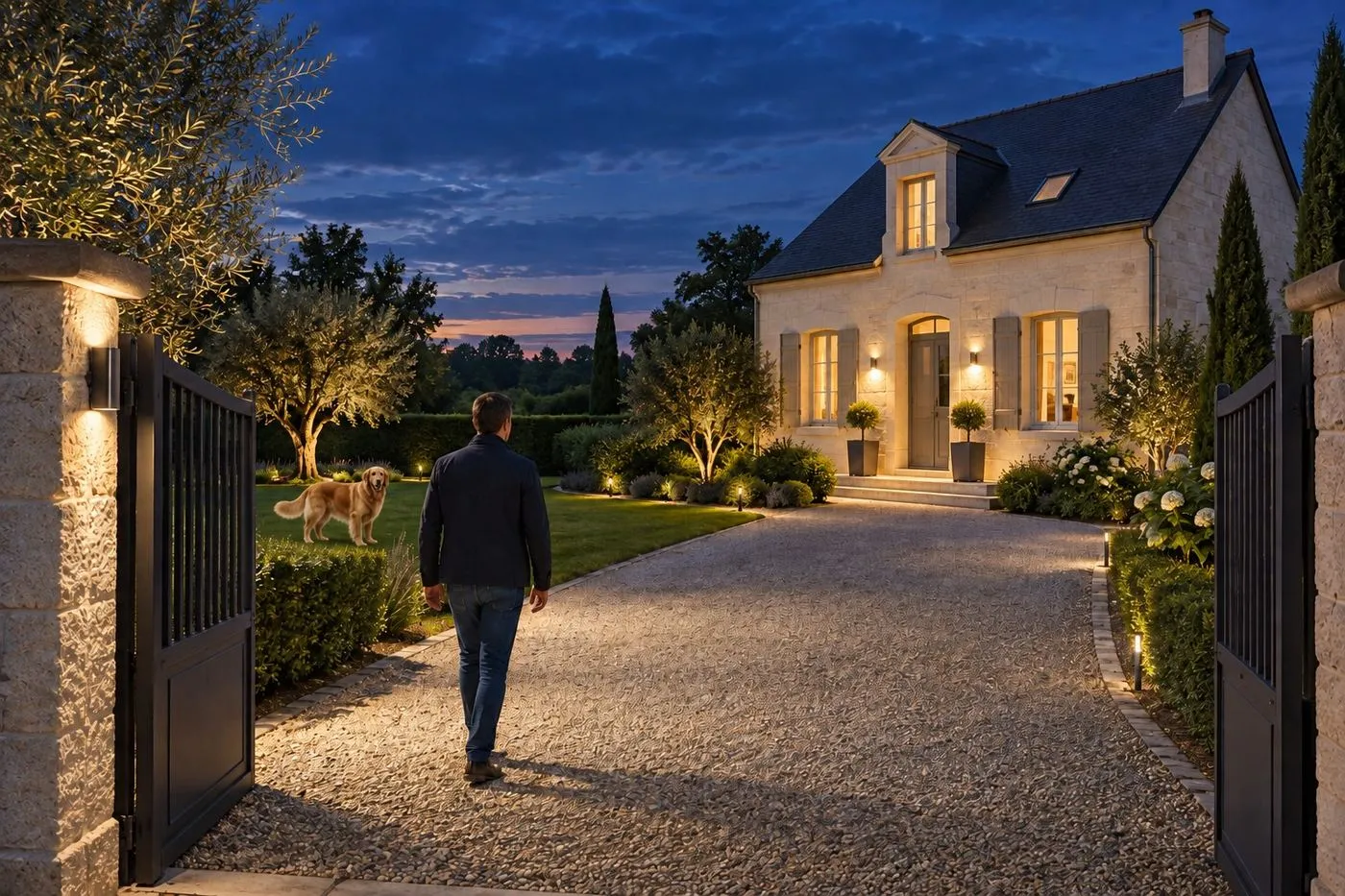 Une maison la nuit, une personne dans l’allée, caméra à l’angle